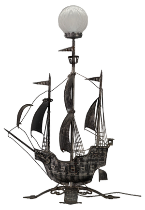 Spanish Wrought Iron and Glass Galleon Sailing Ship Shaped Floor Lamp, 1950s