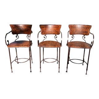 Arhaus Wrought Iron and Leather Cafe Counter Stools - Set of 3 For Sale