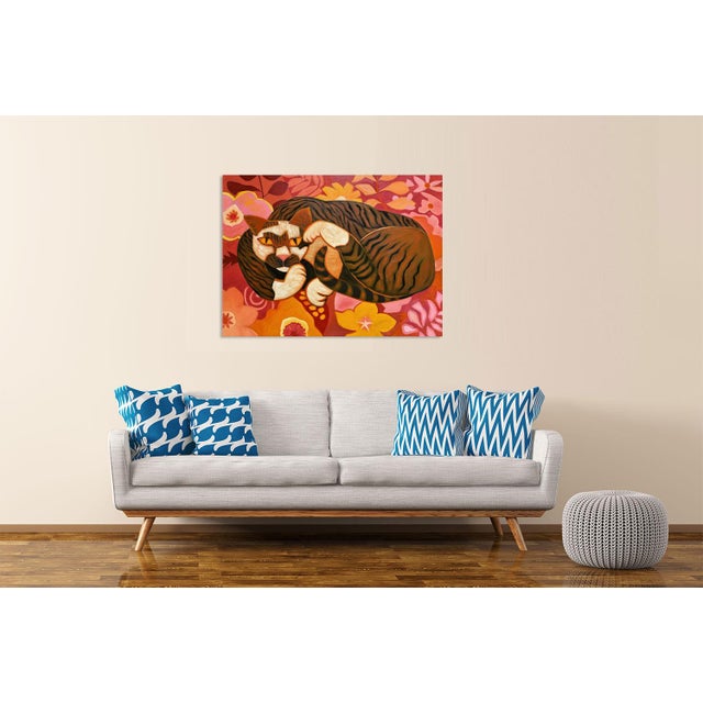 Marc Zimmerman "Tom" Oil Painting, Sleeping Tabby Cat, Blazing Red and Pink Floral Background, Vivid Palette, Contemporary Art West Coast For Sale In Monterey, CA - Image 6 of 7