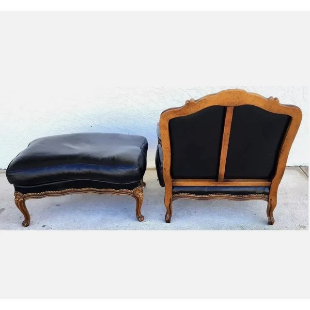 French Provincial Chateau Dax French Provincial Black Top Grain Leather Lounge Chair & Ottoman For Sale - Image 3 of 10