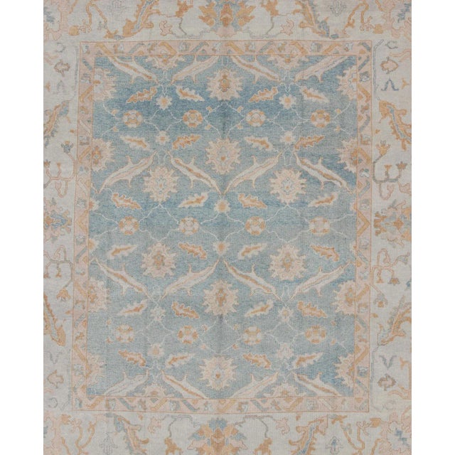 Square Turkish Oushak Rug in Light Blue, Light Brown, Salmon, Silver & Tan For Sale - Image 4 of 12