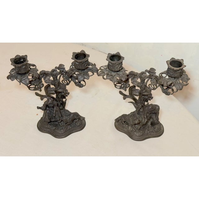 Pair Antique Bronze Patinated Cast Iron Ornate Figural Dog German Candelabras For Sale - Image 4 of 17