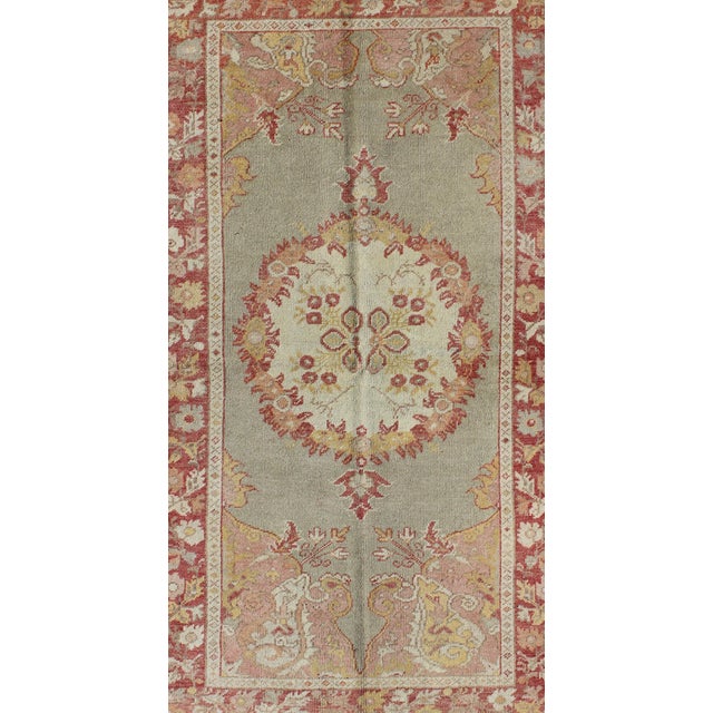 Mid 20th Century Turkish Oushak Vintage Rug With Floral Medallion Design in Red and Light Blue For Sale - Image 5 of 6