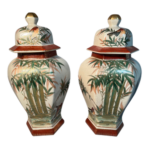 Pair Meiji Reproduction Satsuma 15" Vases With Lids. Bamboo & Bird Designs