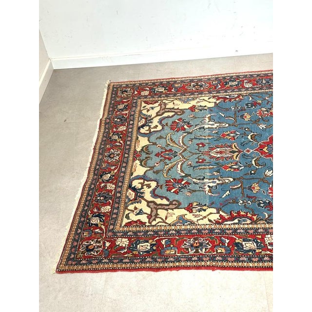 Hand-Knotted Blue Field Rug with Floral Medallion For Sale - Image 4 of 7