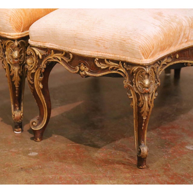 Pair of 19th C. French Louis XV Painted Walnut Benches With Gold Leaf Accents For Sale In Dallas - Image 6 of 8
