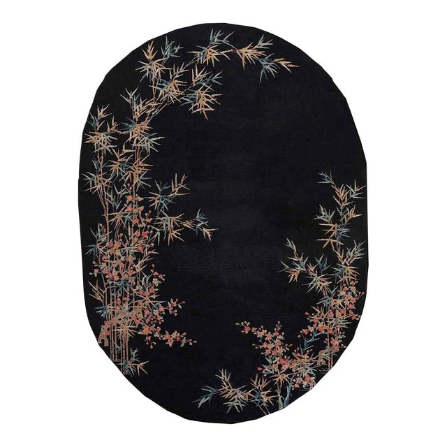 1930s Black Bamboo Floral Antique Chinese Art Deco Carpet 8'4" X 11'8" Wool Rug For Sale
