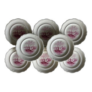 Set of 8 Vintage Copeland Spode Pink Transferware Dinner Plates For Sale