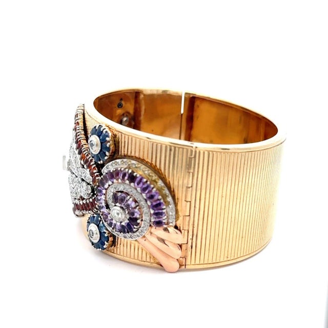 Art Deco Antique Bohemian Art Deco 14k Gold Cuff Diamond Bangle Bracelet For Sale - Image 3 of 5