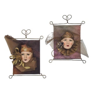 Art Deco Decorative Wall Art Pieces Featuring Ceramic Faces, 1990s, Set of 2 For Sale