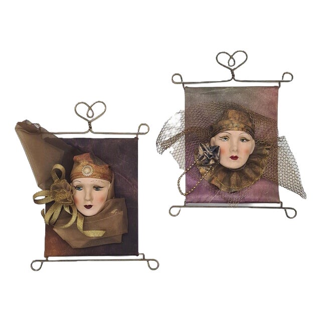 Art Deco Decorative Wall Art Pieces Featuring Ceramic Faces, 1990s, Set of 2 For Sale