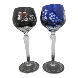 Bohemian Cobalt Blue & Red Grape Cut Crystal 8 1/2" Hock Wine Glass Pair For Sale