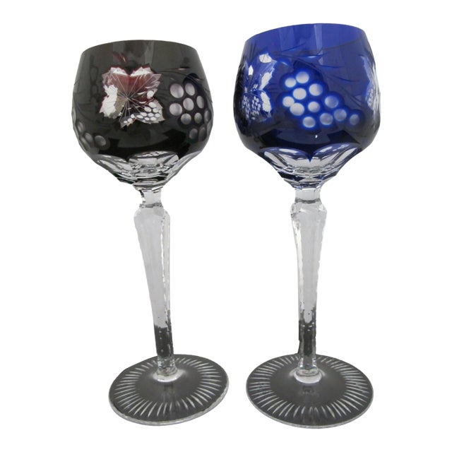 Bohemian Cobalt Blue & Red Grape Cut Crystal 8 1/2" Hock Wine Glass Pair For Sale