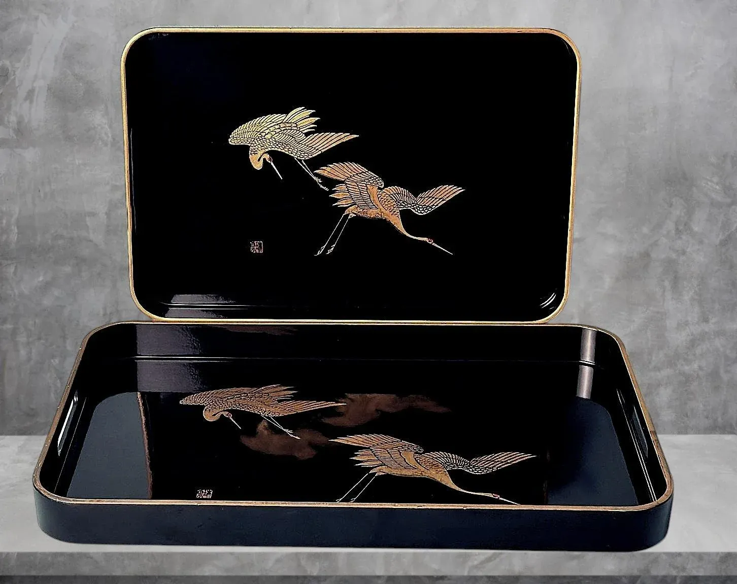 Mid 20th Century Japanese Maki Style Black Lacquer Effect Resin