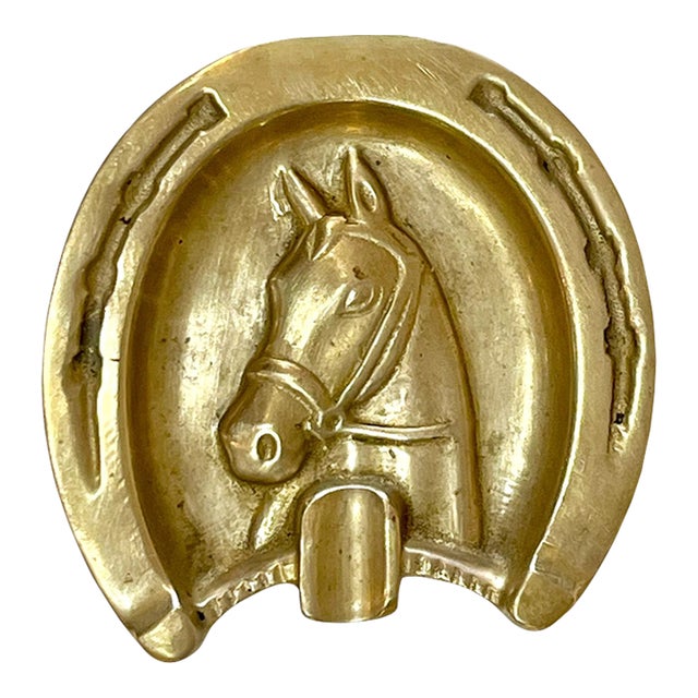 Vintage Brass Equestrian Horse and Horseshoe Ashtray For Sale