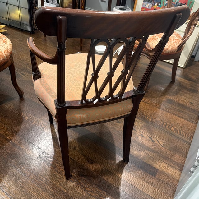 Late 20th Century Neoclassical Mahogany Finish Open Arm Accent Chair With Damask Upholstery For Sale In Houston - Image 6 of 9