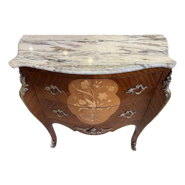 2000s Vintage French Provincial Walnut and Fruitwood Bombe Commode For Sale