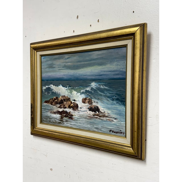 Design Plus Gallery presents a Vintage Signed Coastal Seascape Oil Painting by artist F. Yayboke. This vintage oil...
