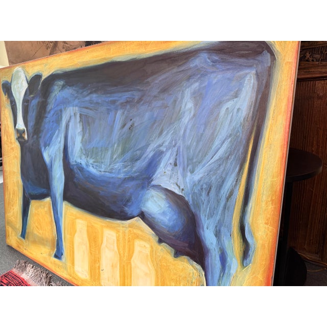 Contemporary Suzanne Frazier Blue Cow Oil on Canvas Painting For Sale - Image 3 of 12