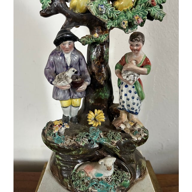 English Antique Early 19th Century English Staffordshire Figure of a Georgian Couple With Dovecote Tree Mounted as a Table Lamp For Sale - Image 3 of 12