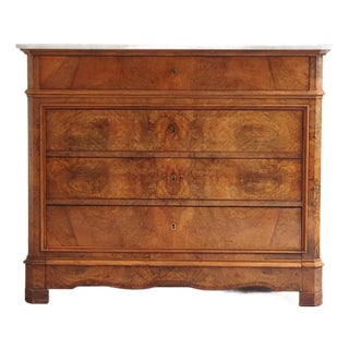 Antique French Walnut Chest of Drawers with White Marble Top, 1850, Louis-Philippe Style For Sale
