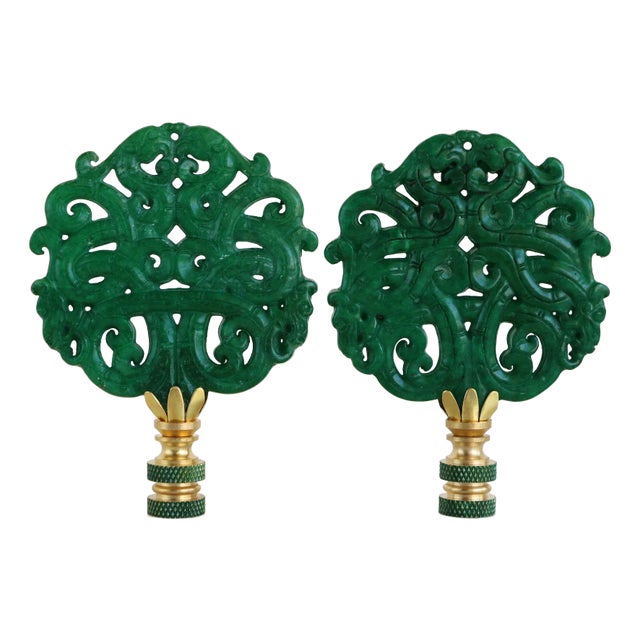 Scrolled Stone Chinoiserie Lamp Finials on Brass Hardware - A Matching Pair For Sale