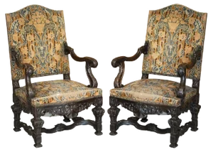 Set of Italian Hand Carved Walnut Throne Armchairs, 1860s