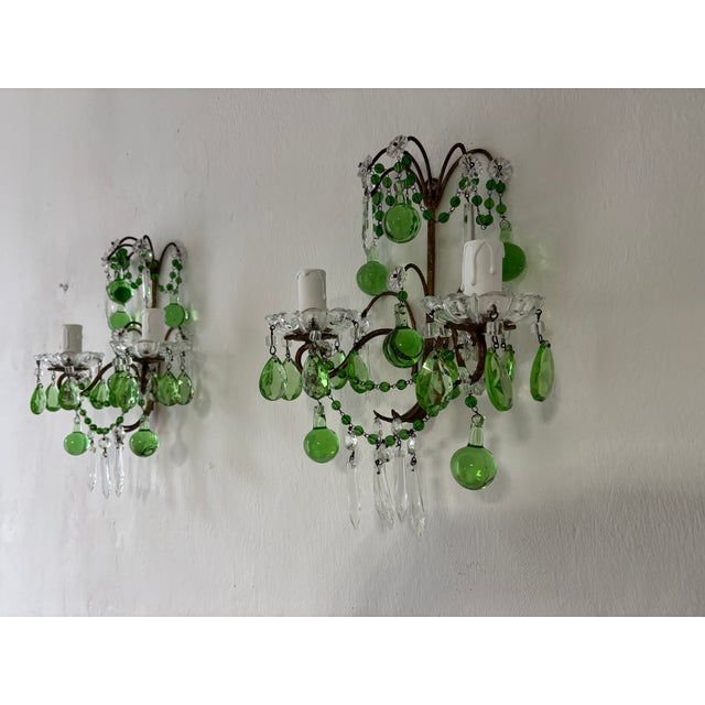 Italian Italian Green Murano Glass Drops, Prisms & Swags Sconces C 1930 For Sale - Image 3 of 11