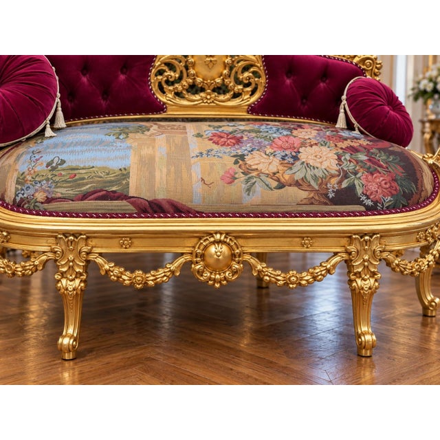 1970 French Artisan Louis XVI Gold Burgundy Sofa Set-3 Pc For Sale - Image 11 of 18