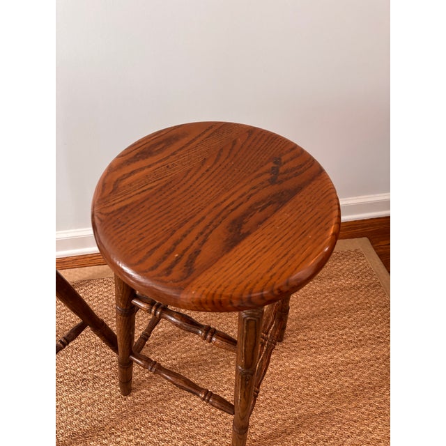 Mid Twentieth Century Solid Wood Oak Turned Leg Classic English Pub Style Bar Stools 30” Barstools, a Pair For Sale - Image 4 of 11