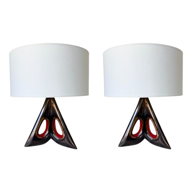 French Free-Form Triangular Ceramic Lamps, 1950s, Set of 2 For Sale