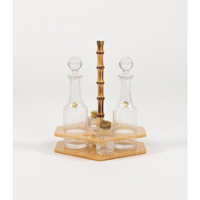 Condiment Set in Acrylic Glass, Wicker and Brass in the style of Christian Dior, Italy, 1970s, Set of 5 For Sale - Image 3 of 15