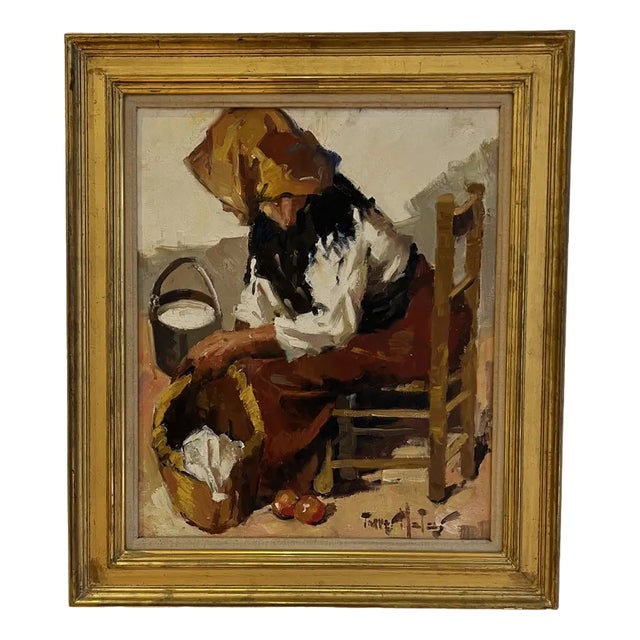 Francisco Torres Matas, Femme assise préparant le repas, Oil on Canvas, Framed For Sale