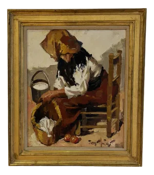 Francisco Torres Matas, Femme assise préparant le repas, Oil on Canvas, Framed