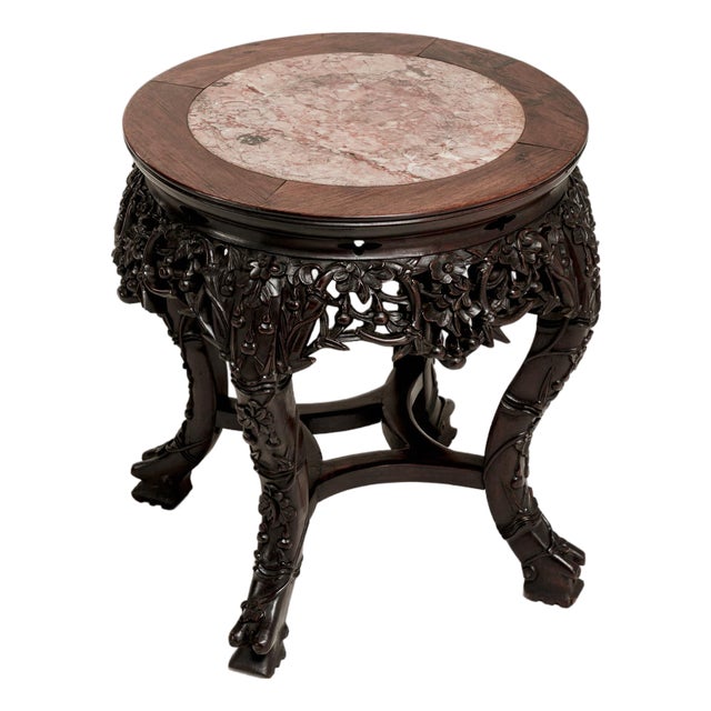 Chinese Carved Pedestal Table with Marble Top, Antique, China, Late 19th Century For Sale