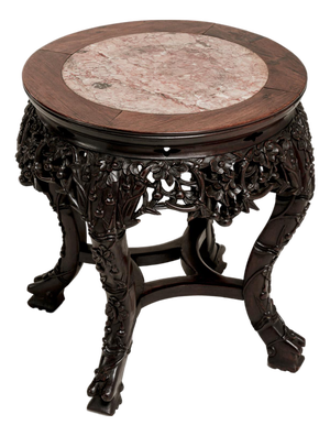 Chinese Carved Pedestal Table with Marble Top, Antique, China, Late 19th Century