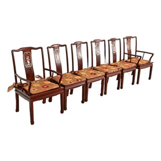 Antique Chinese Carved Rosewood Dining Chairs With Mother of Pearl Inlay, Circa 1890s For Sale