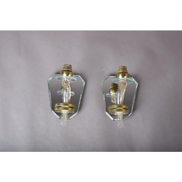 Art Deco French Mirrored Glass and Brass Wall Sconces, 1940s, Set of 2 For Sale - Image 12 of 17