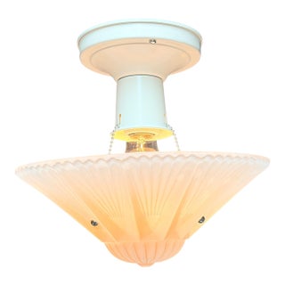 Semi Flush 1930s Ceiling Light With a Pink Glass Bowl Antique White Painted Fixture For Sale