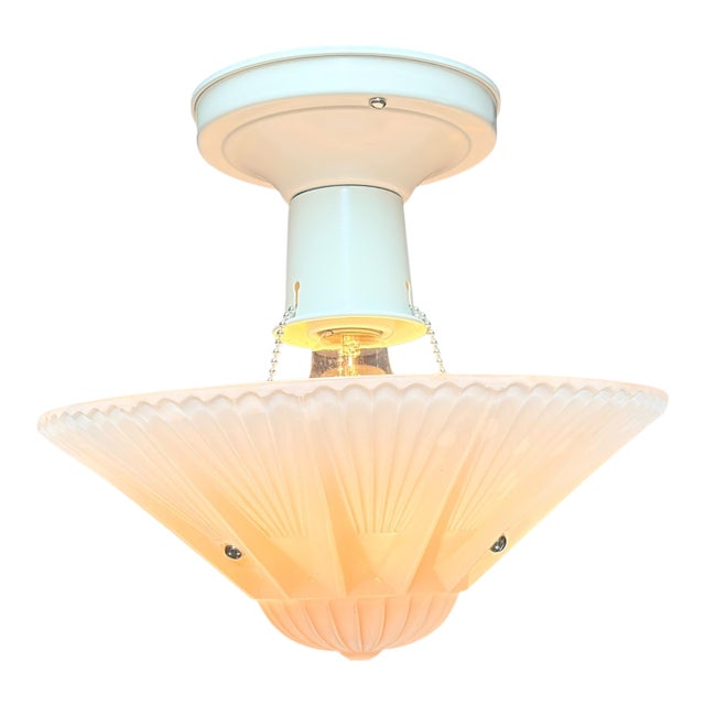 Semi Flush 1930s Ceiling Light With a Pink Glass Bowl Antique White Painted Fixture For Sale