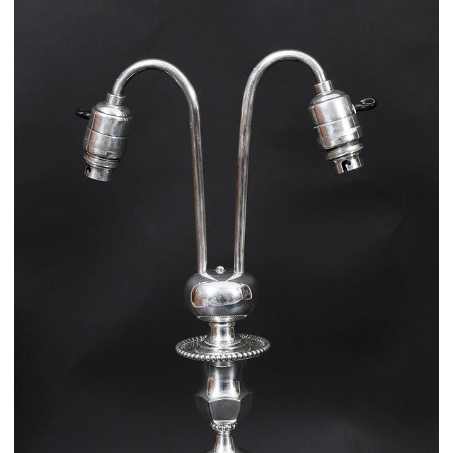 Antique Art Deco Silver-Plated Twin Arm Table Lamp attributed to Elkington, 1920s For Sale - Image 6 of 11