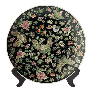 Large Vintage Chinese Porcelain Butterfly Platter – Hand-Painted, Kangxi Mark – 18¼” Diameter With Stand