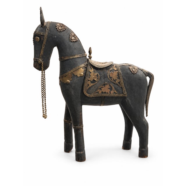 Vintage Indian Rajasthani Hand-Carved Wooden Horse Figurine - Mixed Metal Brass & Copper Accents For Sale - Image 4 of 4