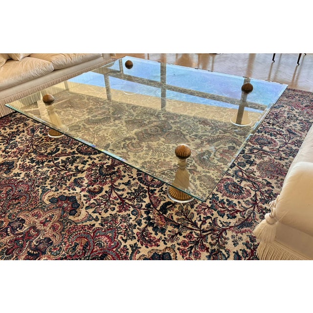 Mid Century Modern 5’ by 5’ Gold Metal Tassel Lucite & Glass Cocktail Coffee Table For Sale - Image 4 of 6