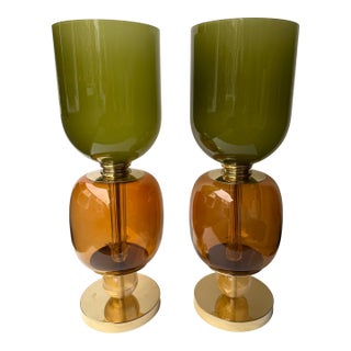 Contemporary Pair of Brass and Murano Glass Green Shades Lamps, Italy For Sale