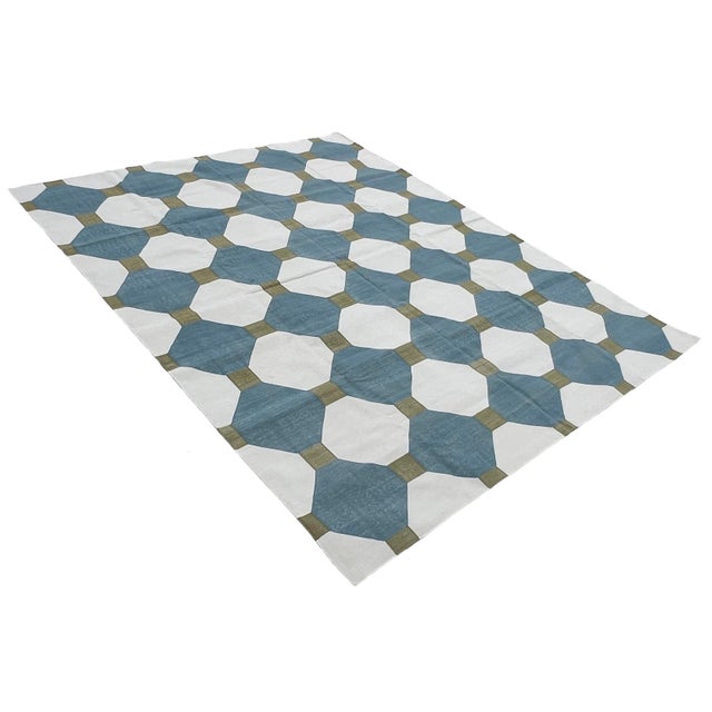 Textile Handmade Cotton Flat Weave Area Rug, Teal Blue, Cream and Olive Green Tile Dhurrie - 8'x10' For Sale - Image 7 of 13