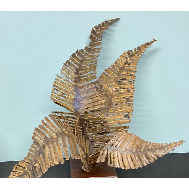Mid-Century Modern Brutalist Torch Cut Brass Fern Sculpture W/ Wood Base For Sale - Image 4 of 4