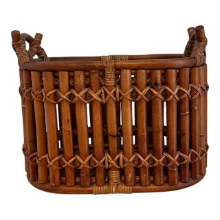 Mid Century Bamboo and Rattan Split Reed Basket For Sale
