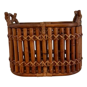 Mid Century Bamboo and Rattan Split Reed Basket