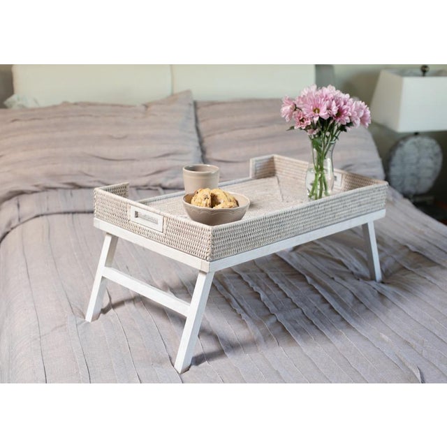 Boho Chic Artifacts Rattan Breakfast Tray Table in White Wash For Sale - Image 3 of 9